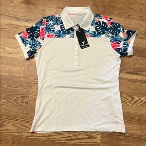New Maelreg Performance White and Tropical Button Down Polo Shirt Size Small